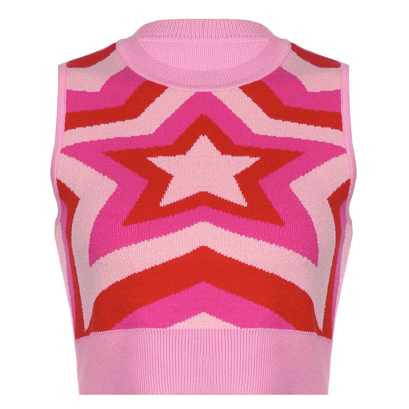 Women's Contrast Color Slim Round Neck Pentagram Wool Vest