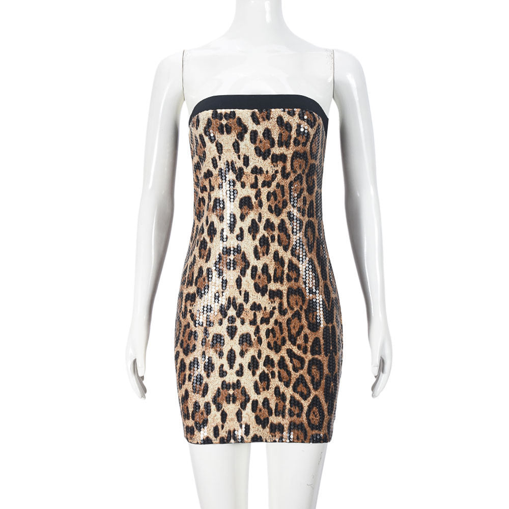 Leopard Print Women's Color Matching Double Layer Tube Dress Sequin Hip Bag Dress