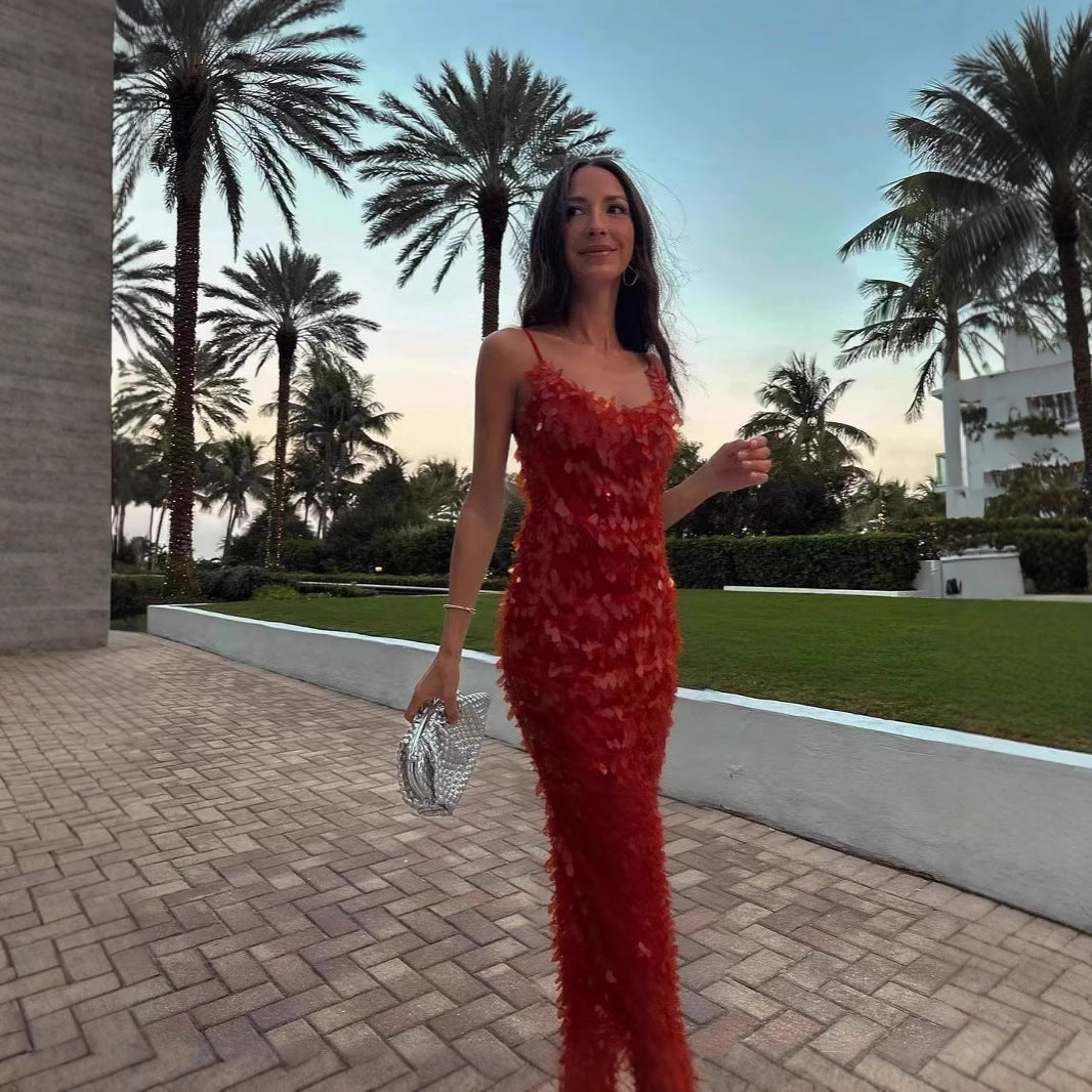 Sling Slim-fit Sequined Backless Long Dress Skirt Sexy Pure Desire