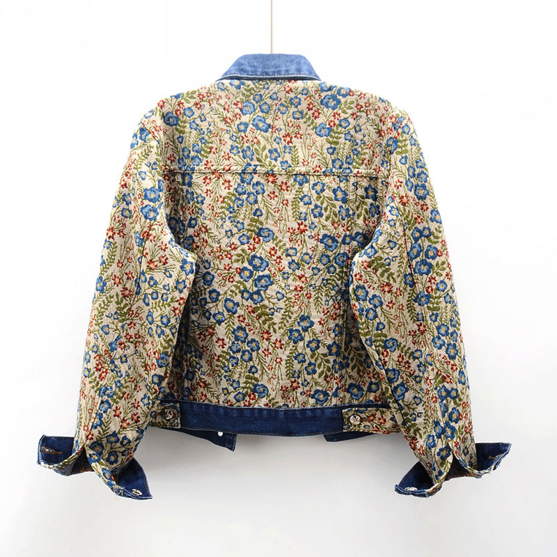 Retro Jacquard Stitching Long Sleeve Denim Coat Women's Clothing