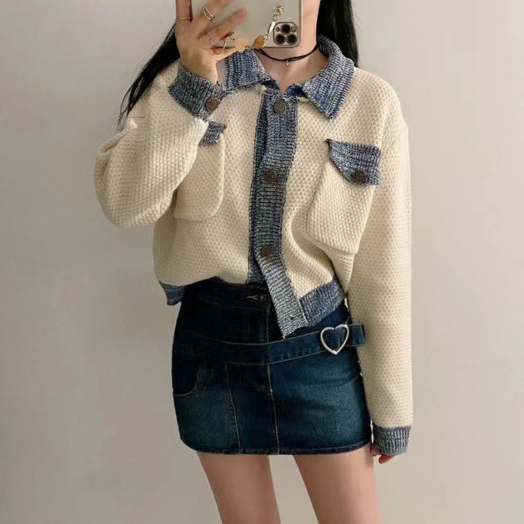 Color-contrasting Stripe Mixed Color Knitted Cardigan Women's Coat