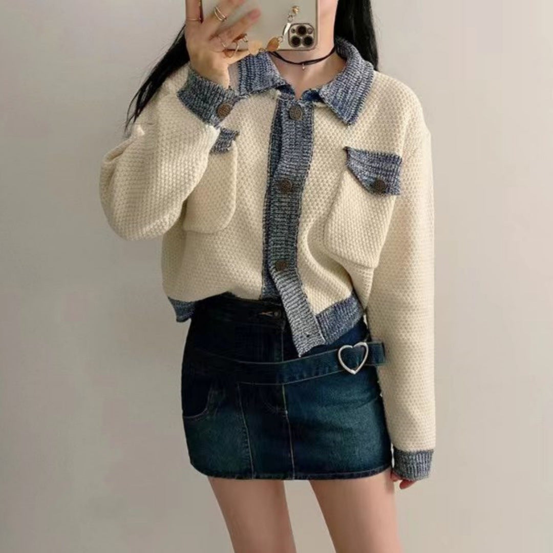 Color-contrasting Stripe Mixed Color Knitted Cardigan Women's Coat