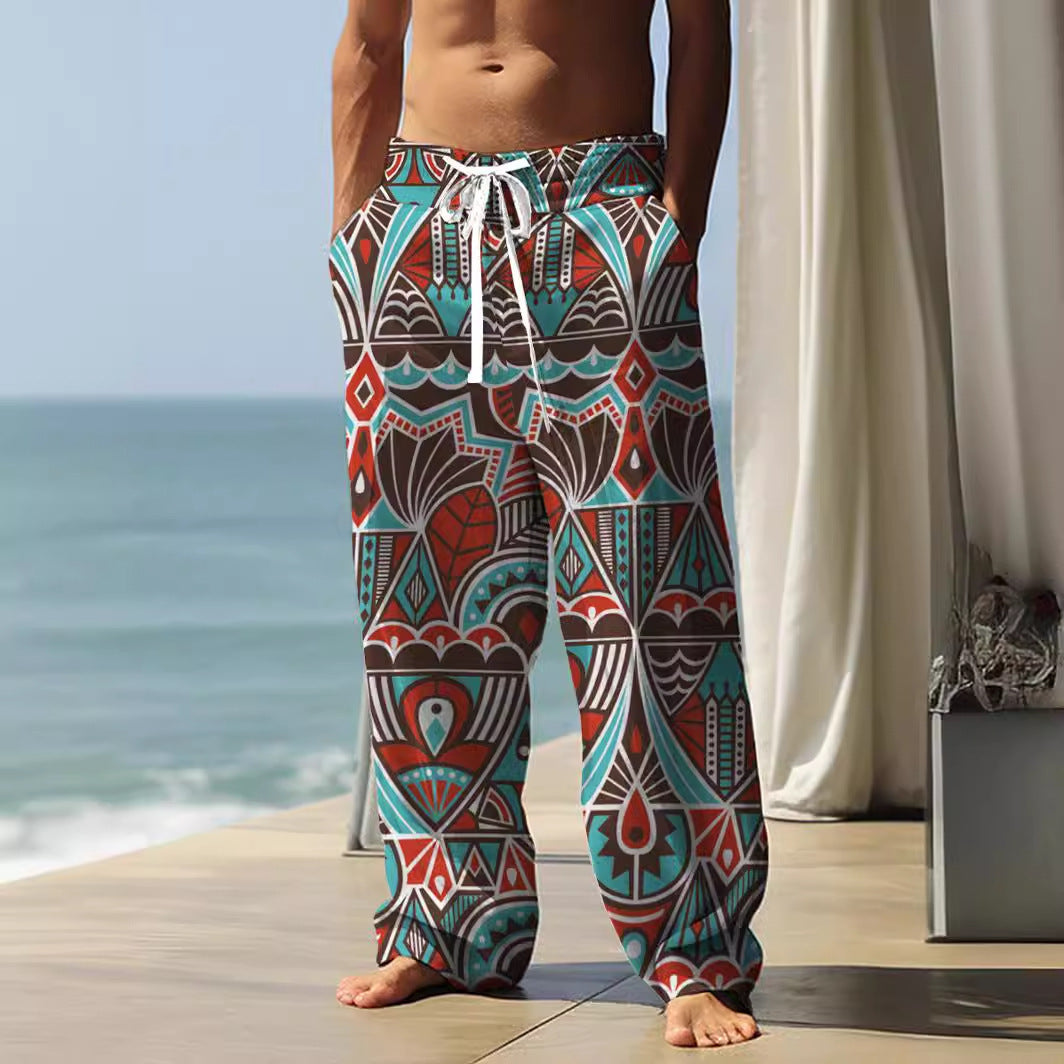 Autumn Men's Health Cloth Straight-leg Pants 3D Digital Vintage Print Ethnic Style Baggy Pants