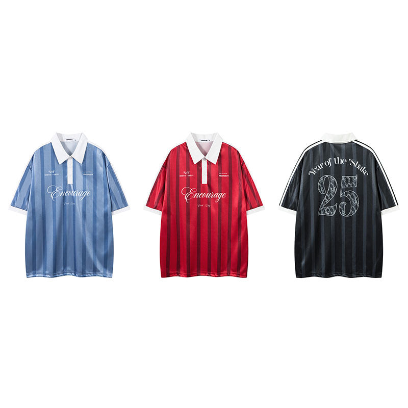 Retro Sports Digital Striped Polo Shirt Loose Lapels Short Sleeve T-shirt