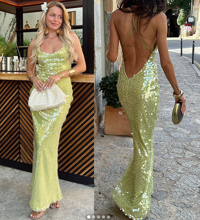 Sling Slim-fit Sequined Backless Long Dress Skirt Sexy Pure Desire