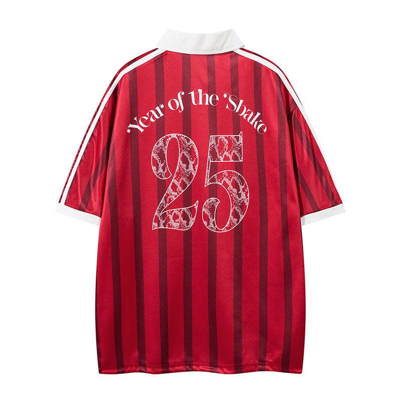 Retro Sports Digital Striped Polo Shirt Loose Lapels Short Sleeve T-shirt