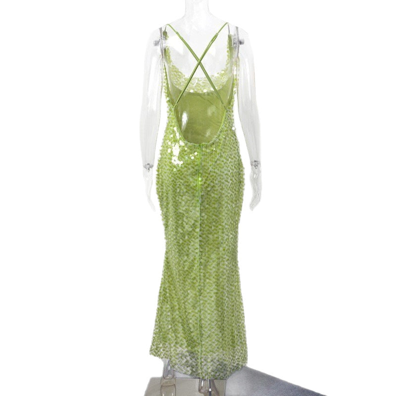 Sling Slim-fit Sequined Backless Long Dress Skirt Sexy Pure Desire