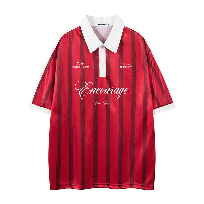 Retro Sports Digital Striped Polo Shirt Loose Lapels Short Sleeve T-shirt