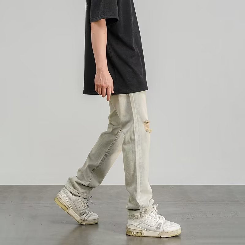 Ripped Jeans Men's Thin Yellow Mud Color Wide Leg