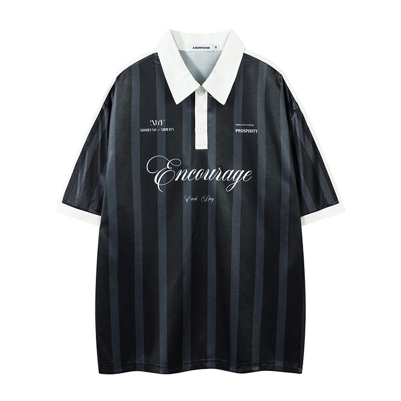 Retro Sports Digital Striped Polo Shirt Loose Lapels Short Sleeve T-shirt