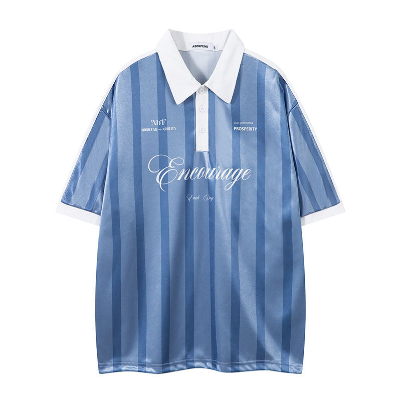 Retro Sports Digital Striped Polo Shirt Loose Lapels Short Sleeve T-shirt