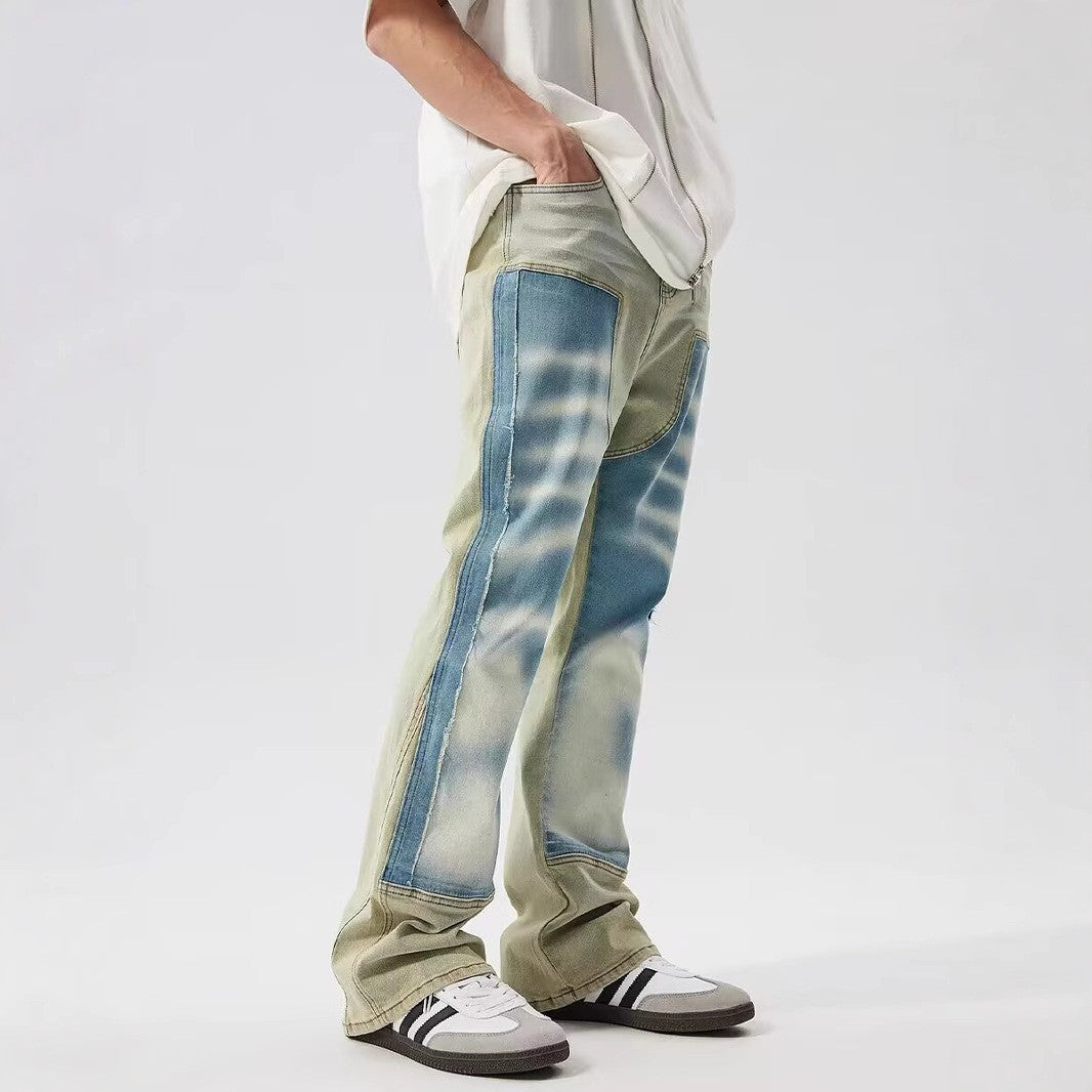 Retro Dual-color Patchwork Splash-ink Damaged Design Jeans