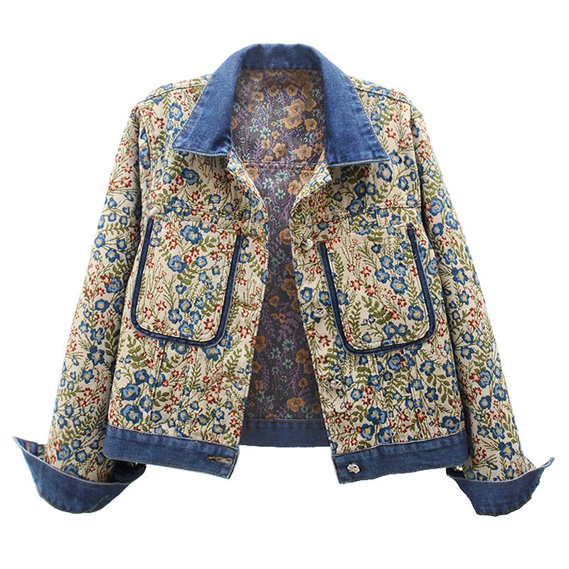 Retro Jacquard Stitching Long Sleeve Denim Coat Women's Clothing