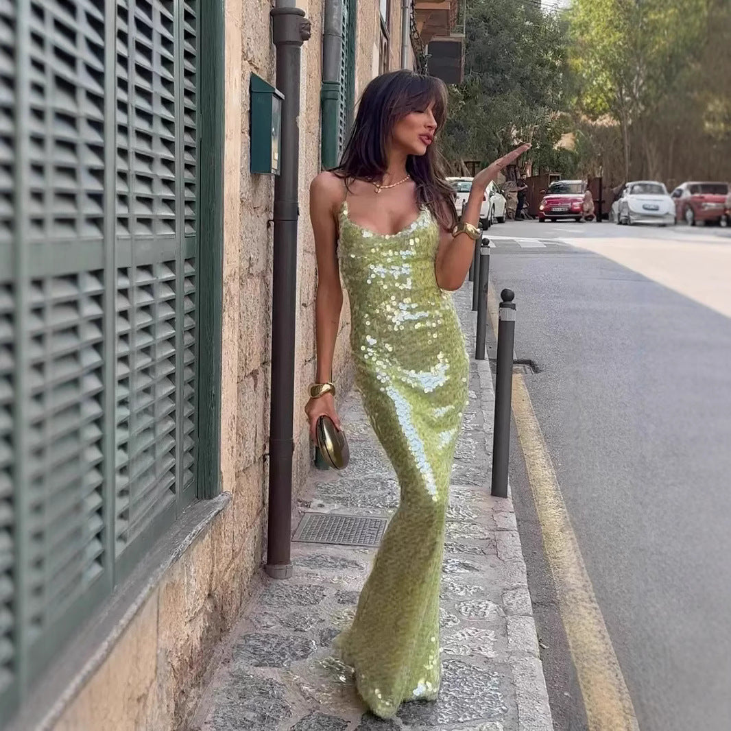 Sling Slim-fit Sequined Backless Long Dress Skirt Sexy Pure Desire