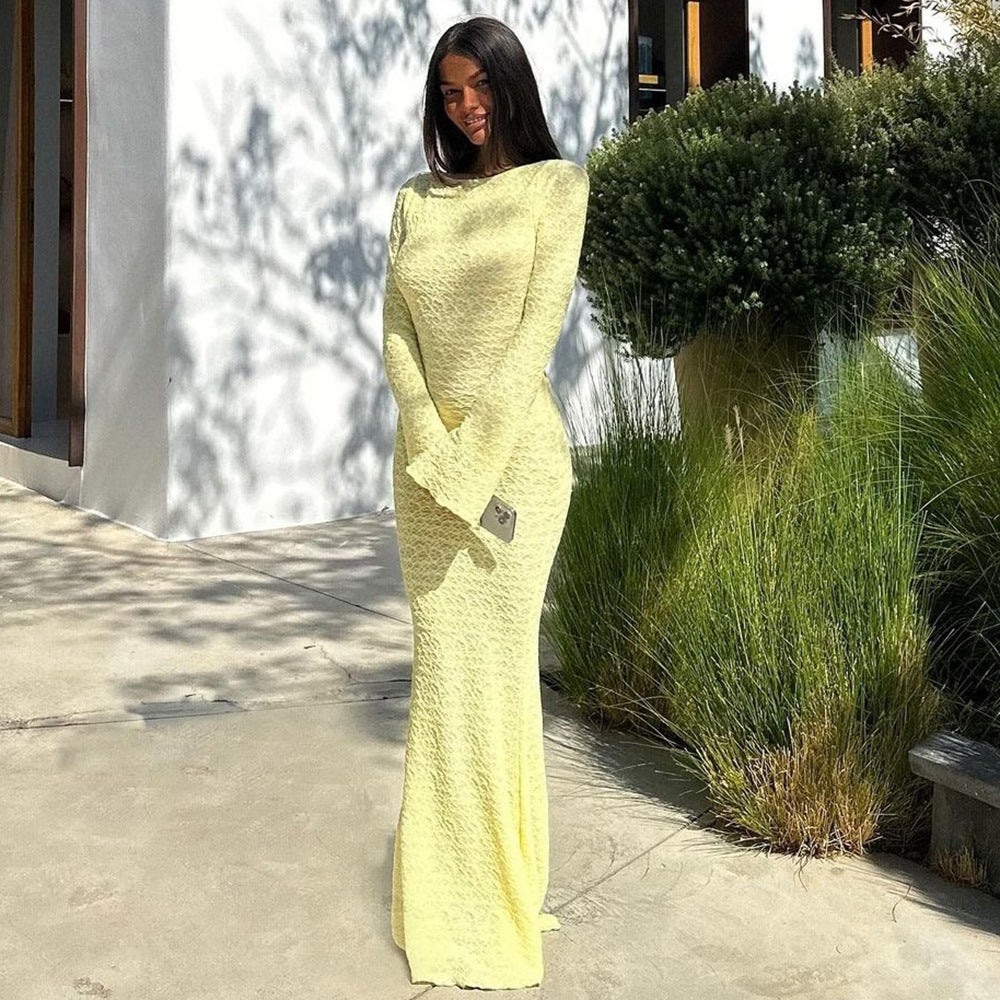 Backless Solid Color Flared Long Sleeve Round-neck Long Dress