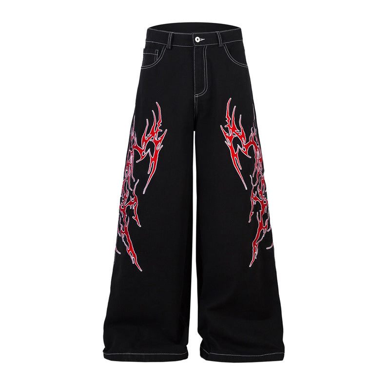 High Street Contrast Color Thorn Embroidery Wide Leg Casual Trousers