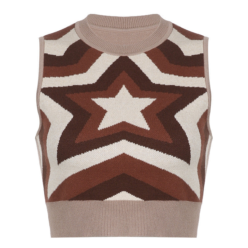 Women's Contrast Color Slim Round Neck Pentagram Wool Vest